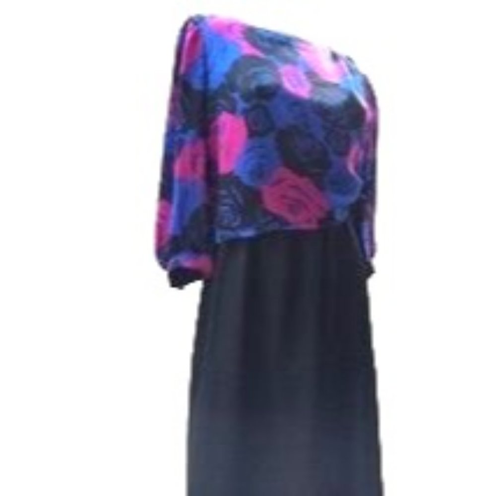 Bobby's Girl Fuschia Pink Royal Electric Blue Flowers Floral Black Dress Vintage